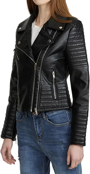 Women Leather Jacket Stand-Up Collar Zipper Stitching Solid Color Jacket Faux Leather Jacket Women Faux Leather