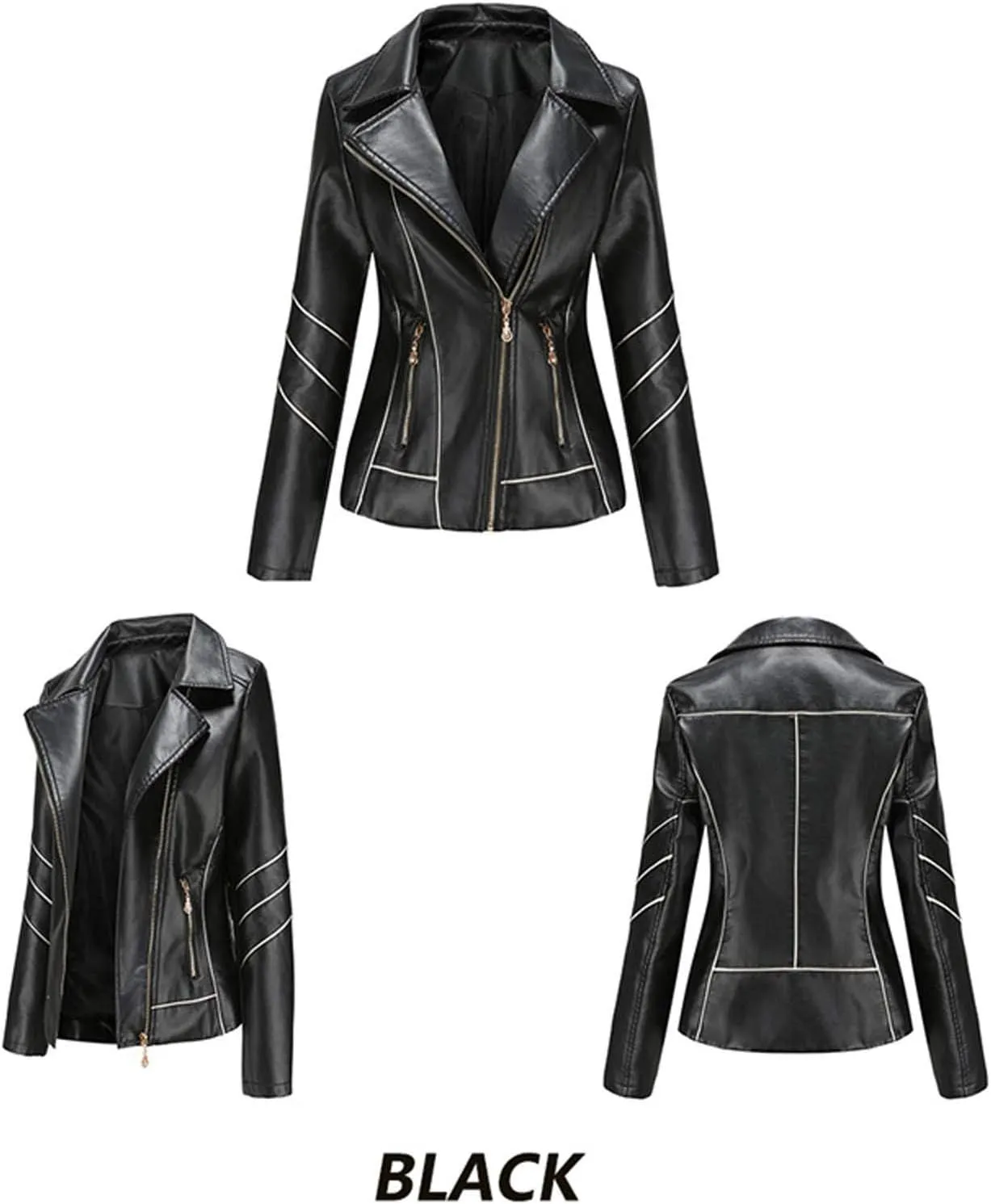 Women Leather Jacket Stand-Up Collar Zipper Stitching Solid Color Jacket Faux Leather Jacket Women Faux Leather