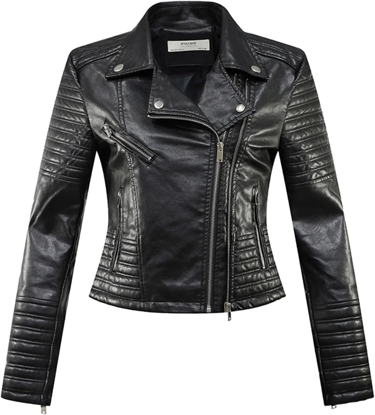 Women Leather Jacket Stand-Up Collar Zipper Stitching Solid Color Jacket Faux Leather Jacket Women Faux Leather
