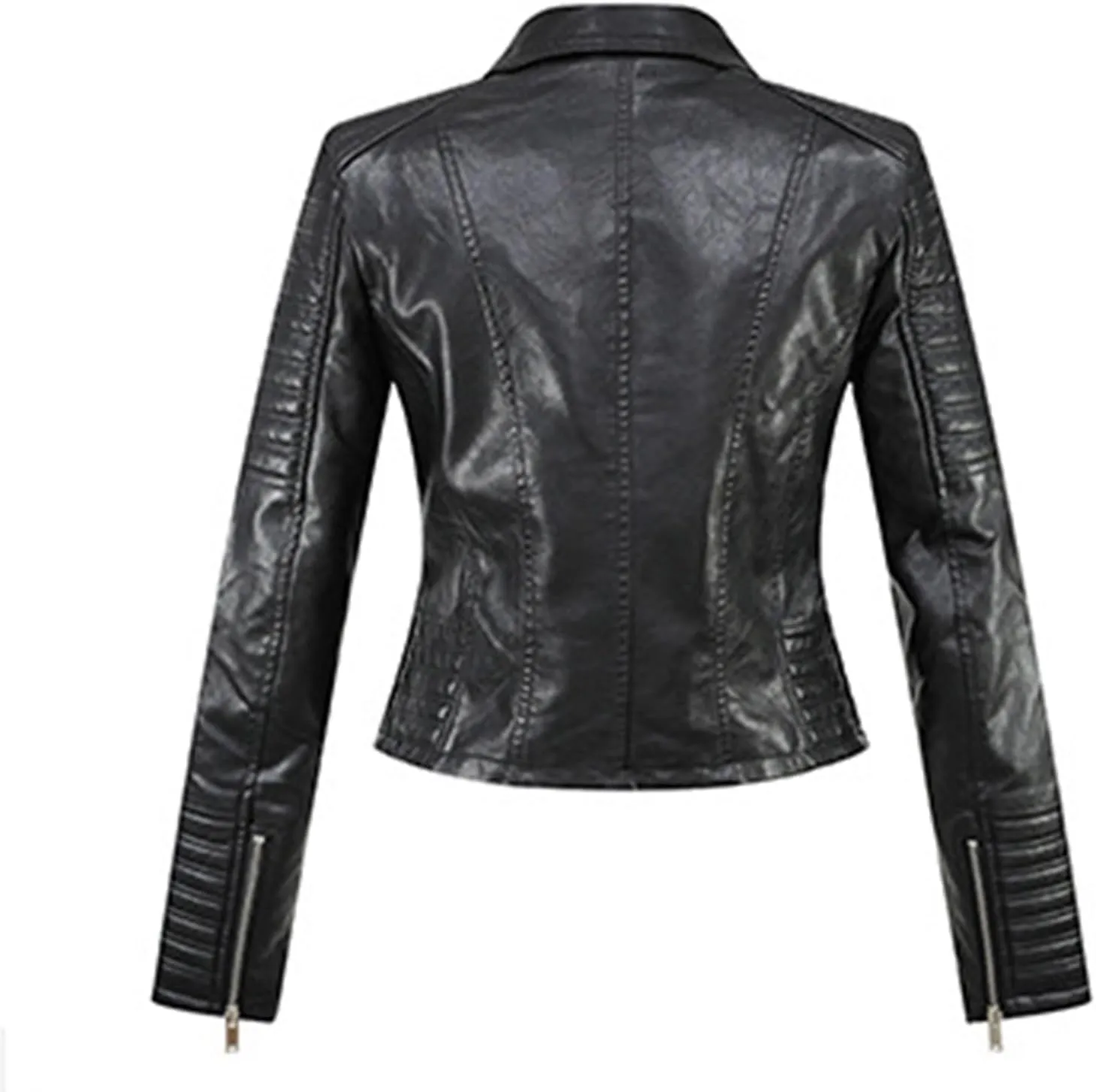 Women Leather Jacket Stand-Up Collar Zipper Stitching Solid Color Jacket Faux Leather Jacket Women Faux Leather