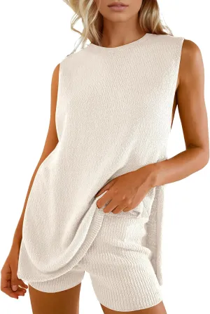 Women Summer 2 Piece Sweater Sets Casual Crew Neck Sleeveless Knit Tank Top Mini Shorts Lounge Set Solid Beach Outfit