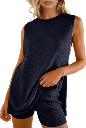 Women Summer 2 Piece Sweater Sets Casual Crew Neck Sleeveless Knit Tank Top Mini Shorts Lounge Set Solid Beach Outfit
