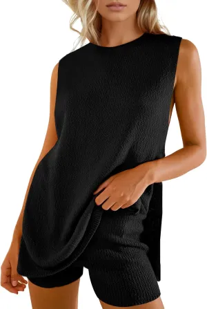 Women Summer 2 Piece Sweater Sets Casual Crew Neck Sleeveless Knit Tank Top Mini Shorts Lounge Set Solid Beach Outfit