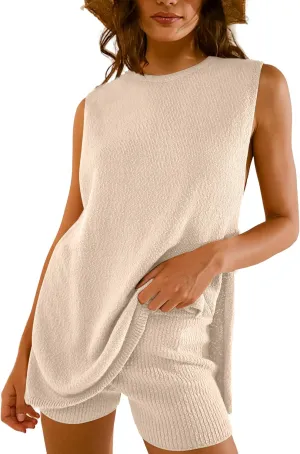 Women Summer 2 Piece Sweater Sets Casual Crew Neck Sleeveless Knit Tank Top Mini Shorts Lounge Set Solid Beach Outfit