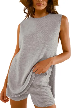 Women Summer 2 Piece Sweater Sets Casual Crew Neck Sleeveless Knit Tank Top Mini Shorts Lounge Set Solid Beach Outfit