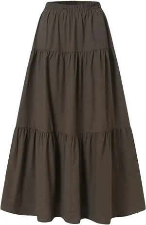 Women Summer High Waist Long Skirt Casual Solid Color Cotton Linen Pleated Skirt Loose Swing Beach Skirt