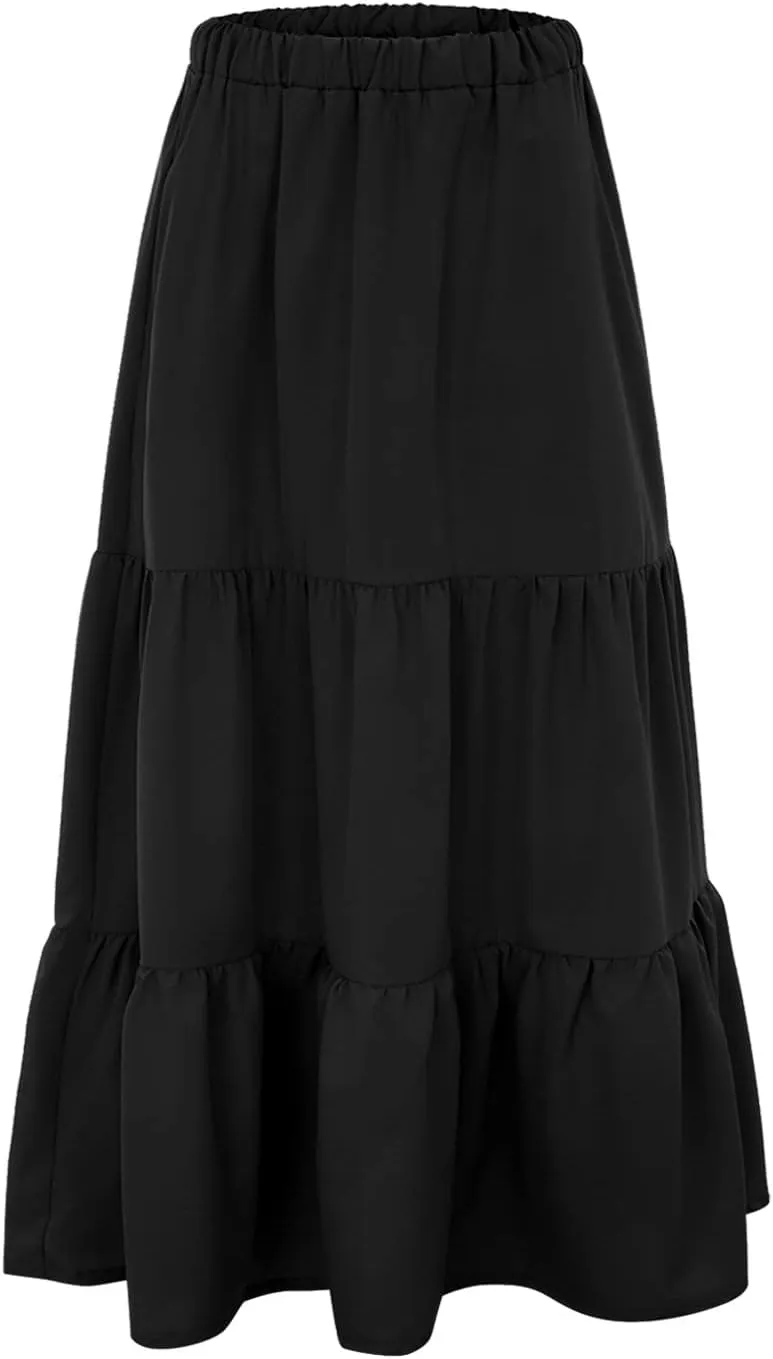 Women Summer High Waist Long Skirt Casual Solid Color Cotton Linen Pleated Skirt Loose Swing Beach Skirt