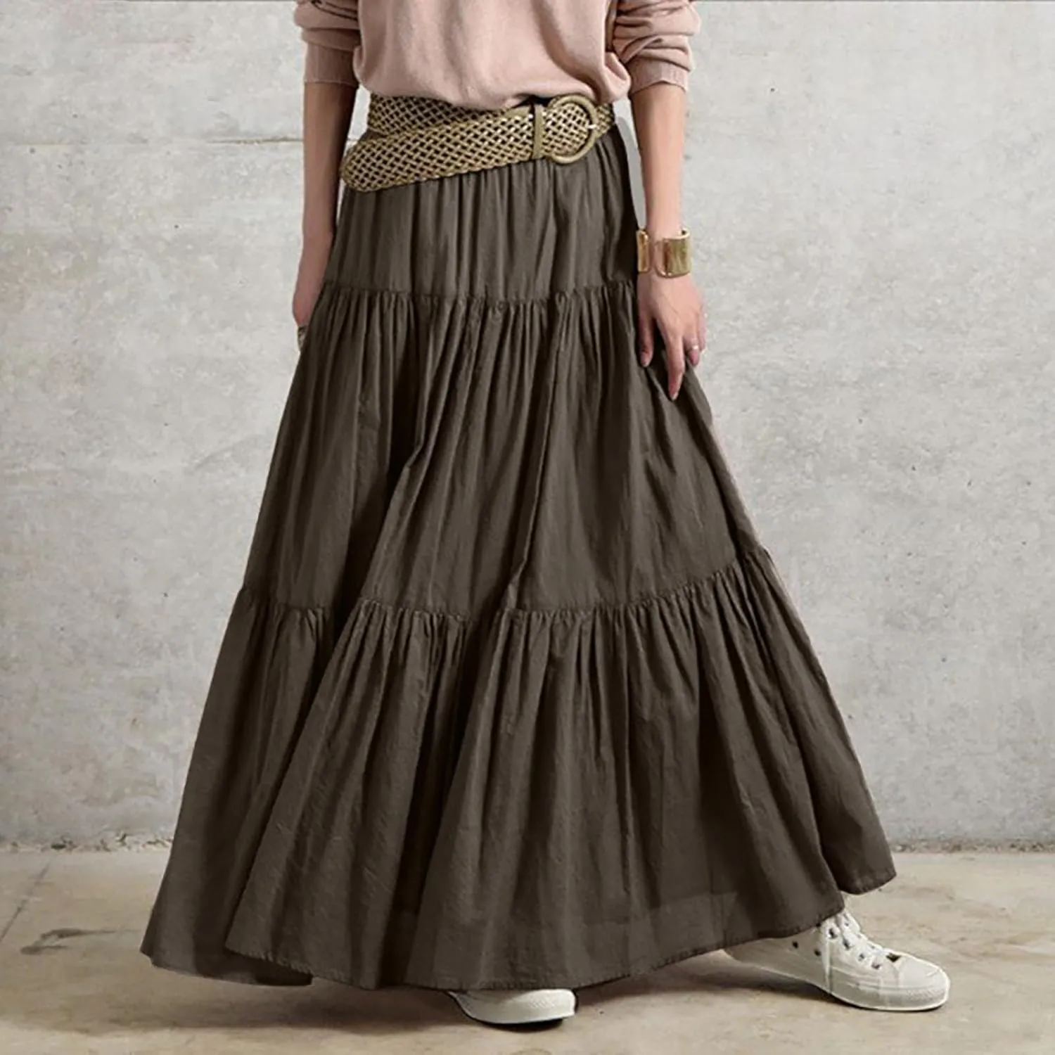 Women Summer High Waist Long Skirt Casual Solid Color Cotton Linen Pleated Skirt Loose Swing Beach Skirt