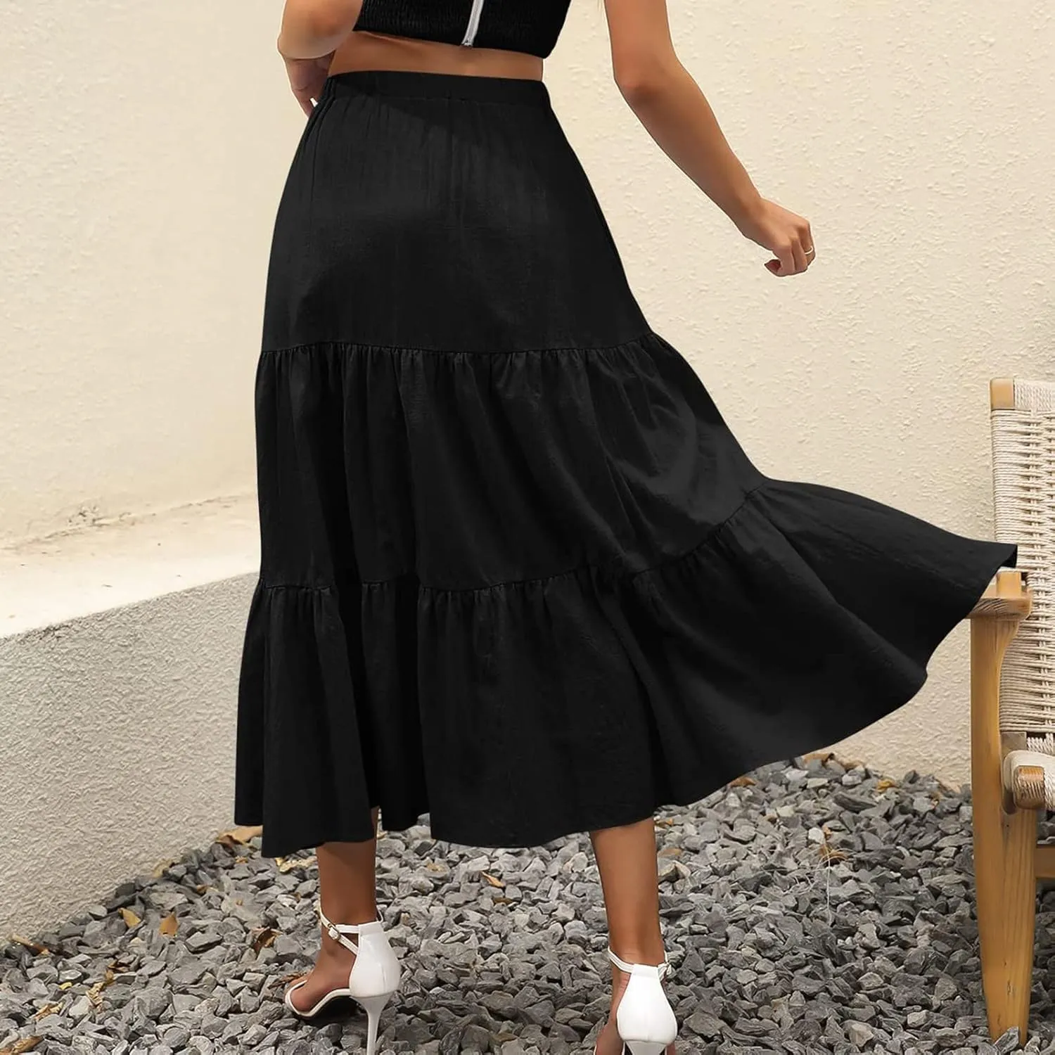 Women Summer High Waist Long Skirt Casual Solid Color Cotton Linen Pleated Skirt Loose Swing Beach Skirt