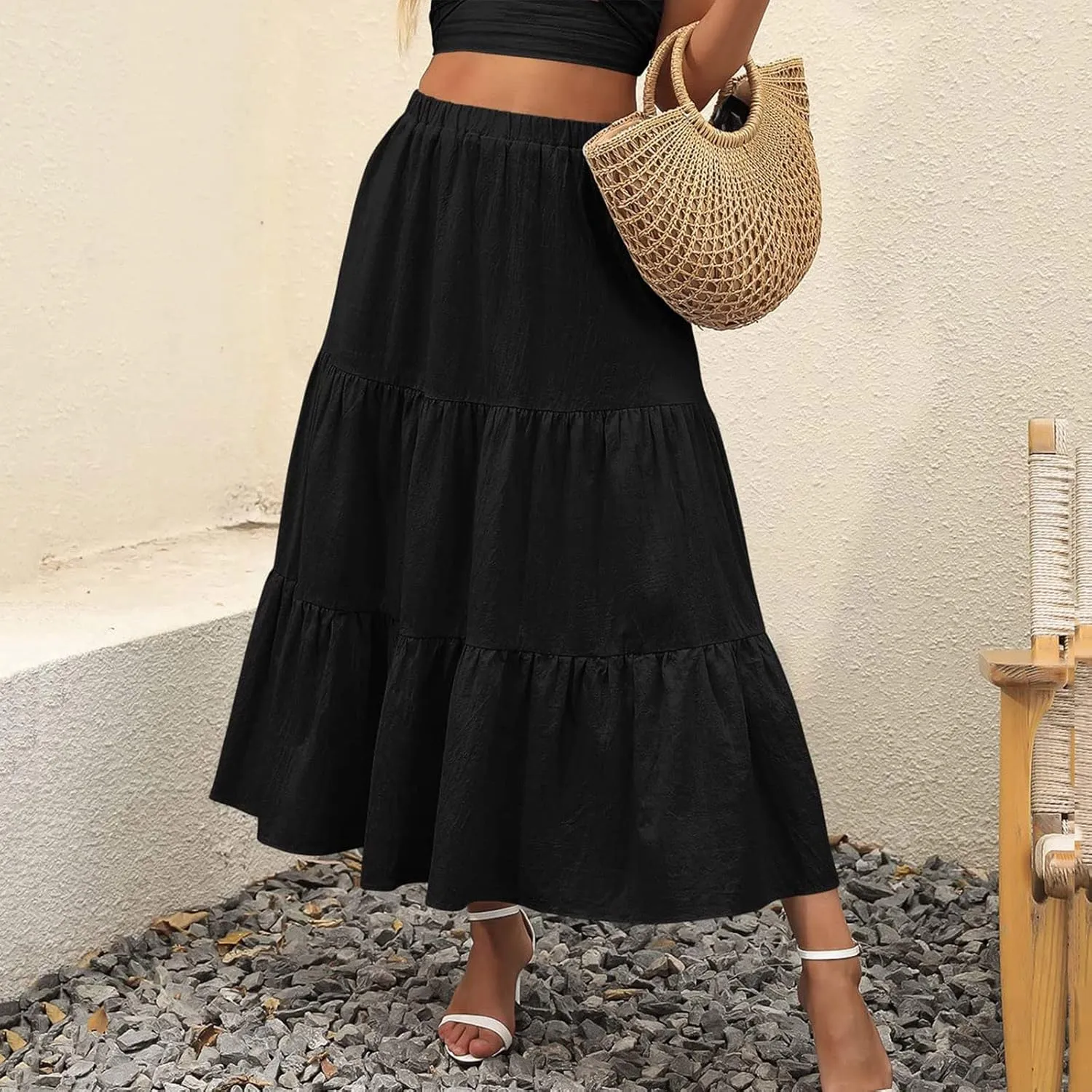 Women Summer High Waist Long Skirt Casual Solid Color Cotton Linen Pleated Skirt Loose Swing Beach Skirt