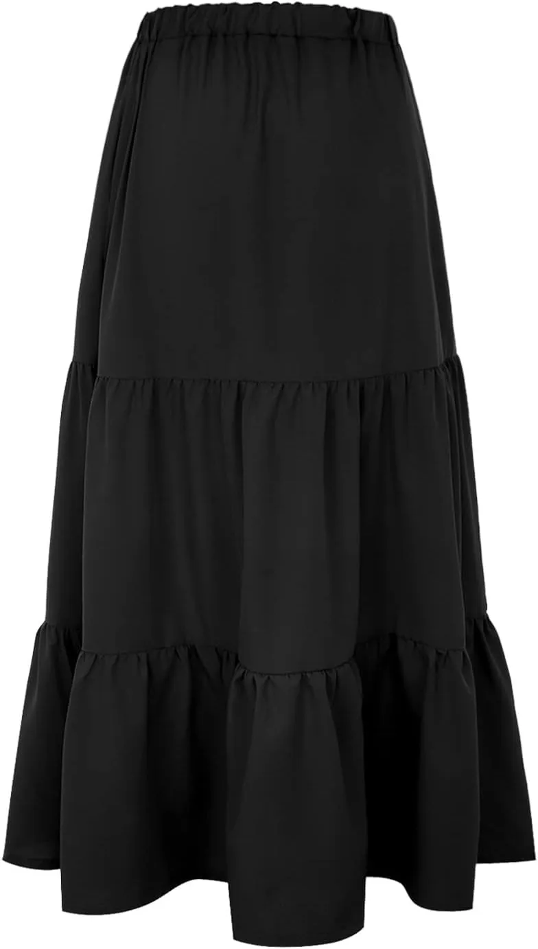 Women Summer High Waist Long Skirt Casual Solid Color Cotton Linen Pleated Skirt Loose Swing Beach Skirt