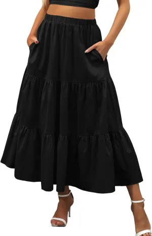 Women Summer High Waist Long Skirt Casual Solid Color Cotton Linen Pleated Skirt Loose Swing Beach Skirt