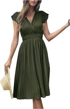 Women V-Neck Pleated Dress High-Waist Minimalist Style Long Skirt Summer Casual Skirt