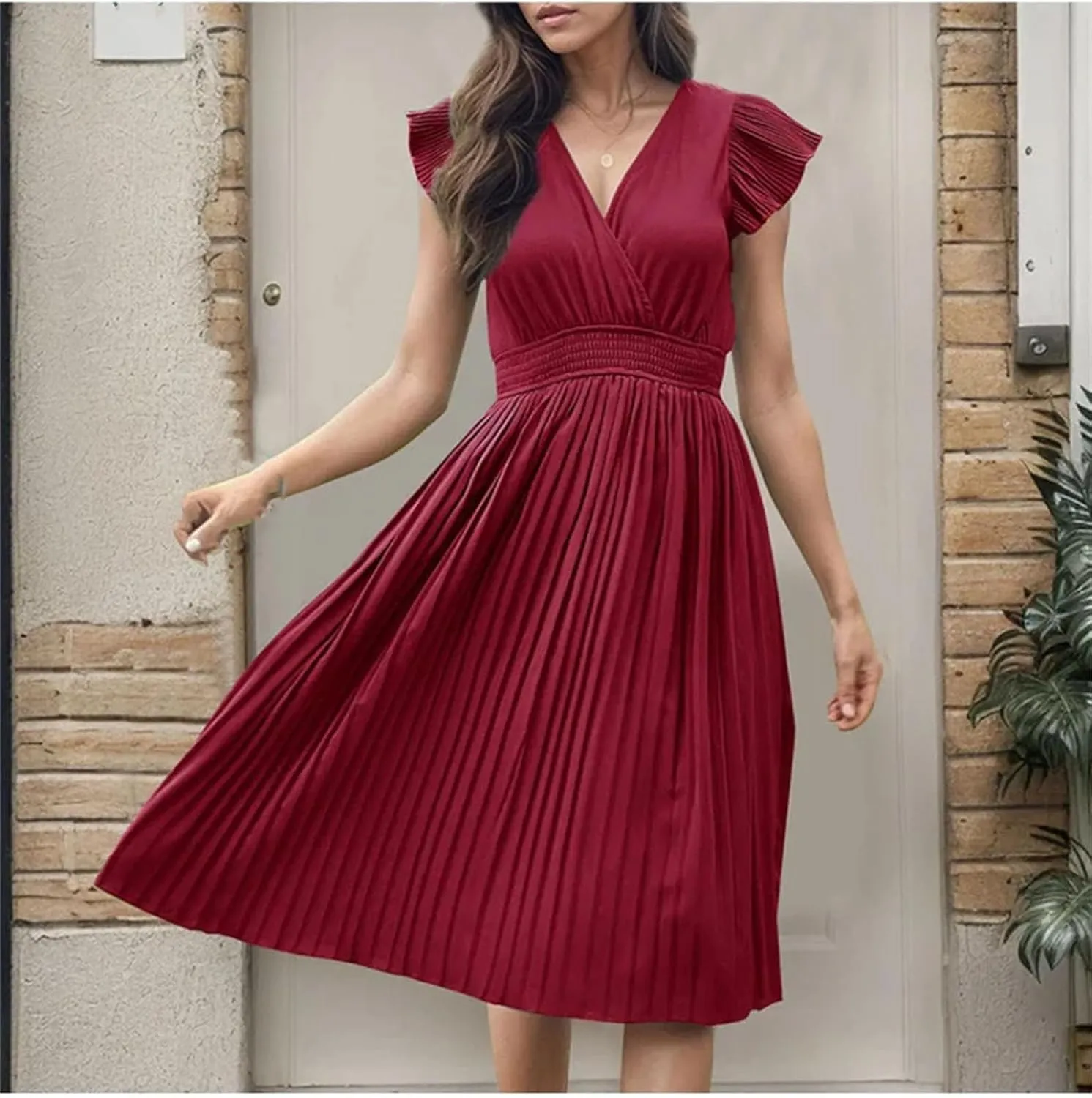 Women V-Neck Pleated Dress High-Waist Minimalist Style Long Skirt Summer Casual Skirt