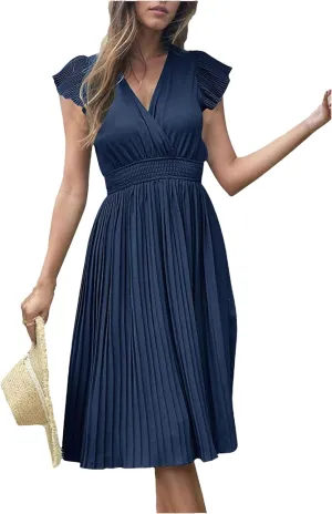 Women V-Neck Pleated Dress High-Waist Minimalist Style Long Skirt Summer Casual Skirt