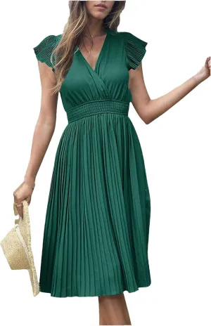 Women V-Neck Pleated Dress High-Waist Minimalist Style Long Skirt Summer Casual Skirt