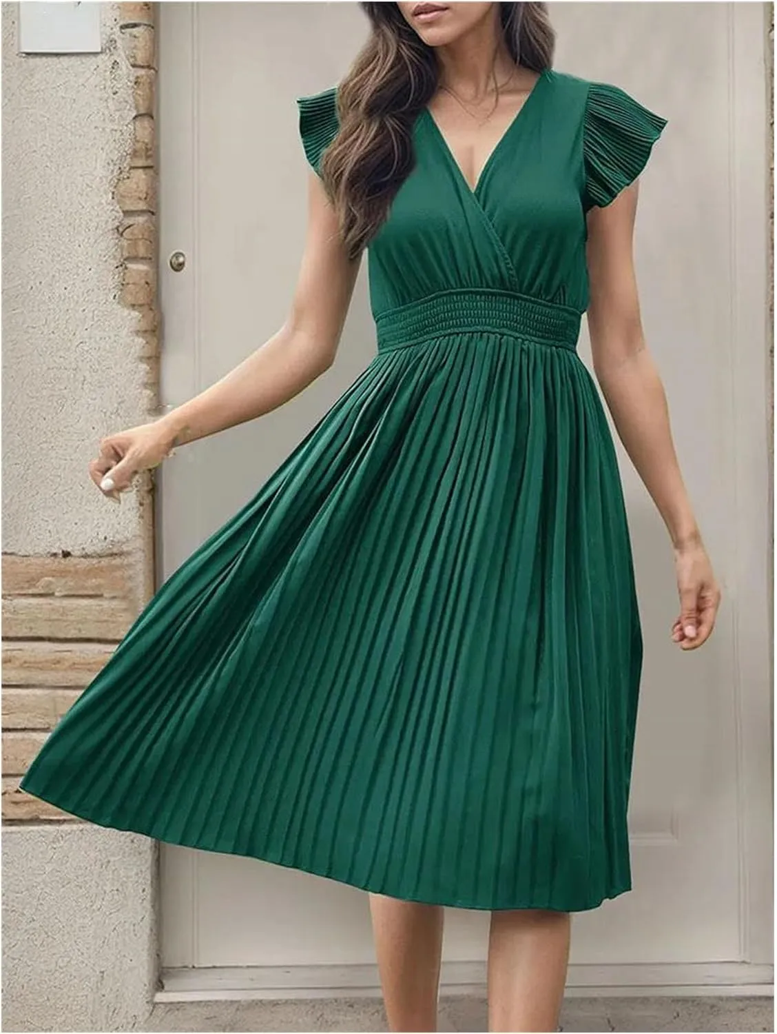 Women V-Neck Pleated Dress High-Waist Minimalist Style Long Skirt Summer Casual Skirt