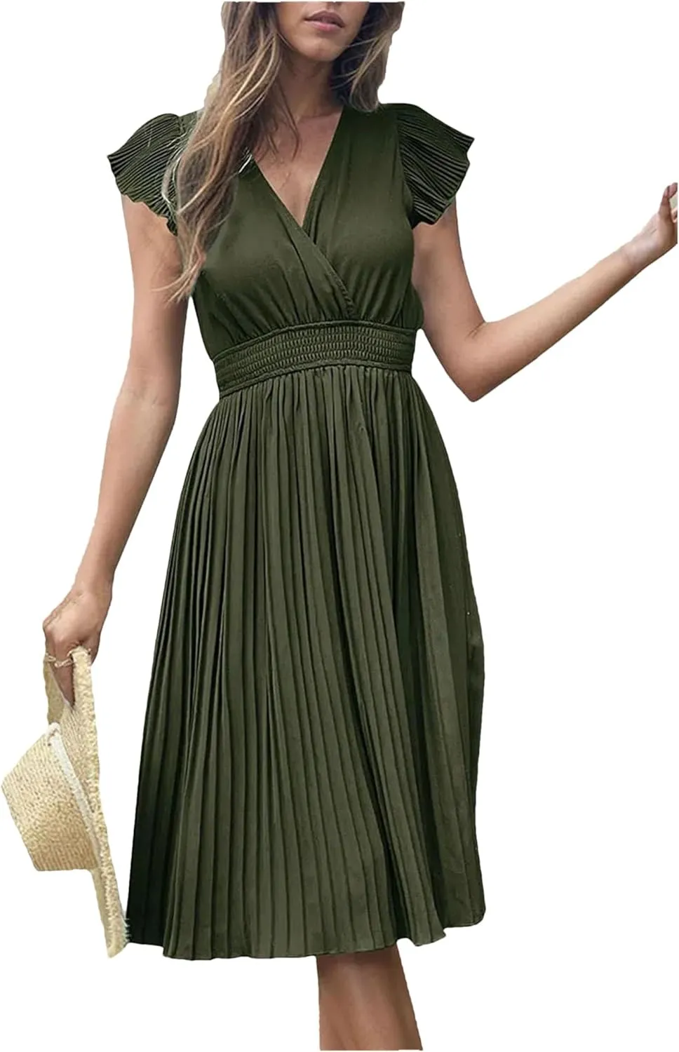 Women V-Neck Pleated Dress High-Waist Minimalist Style Long Skirt Summer Casual Skirt