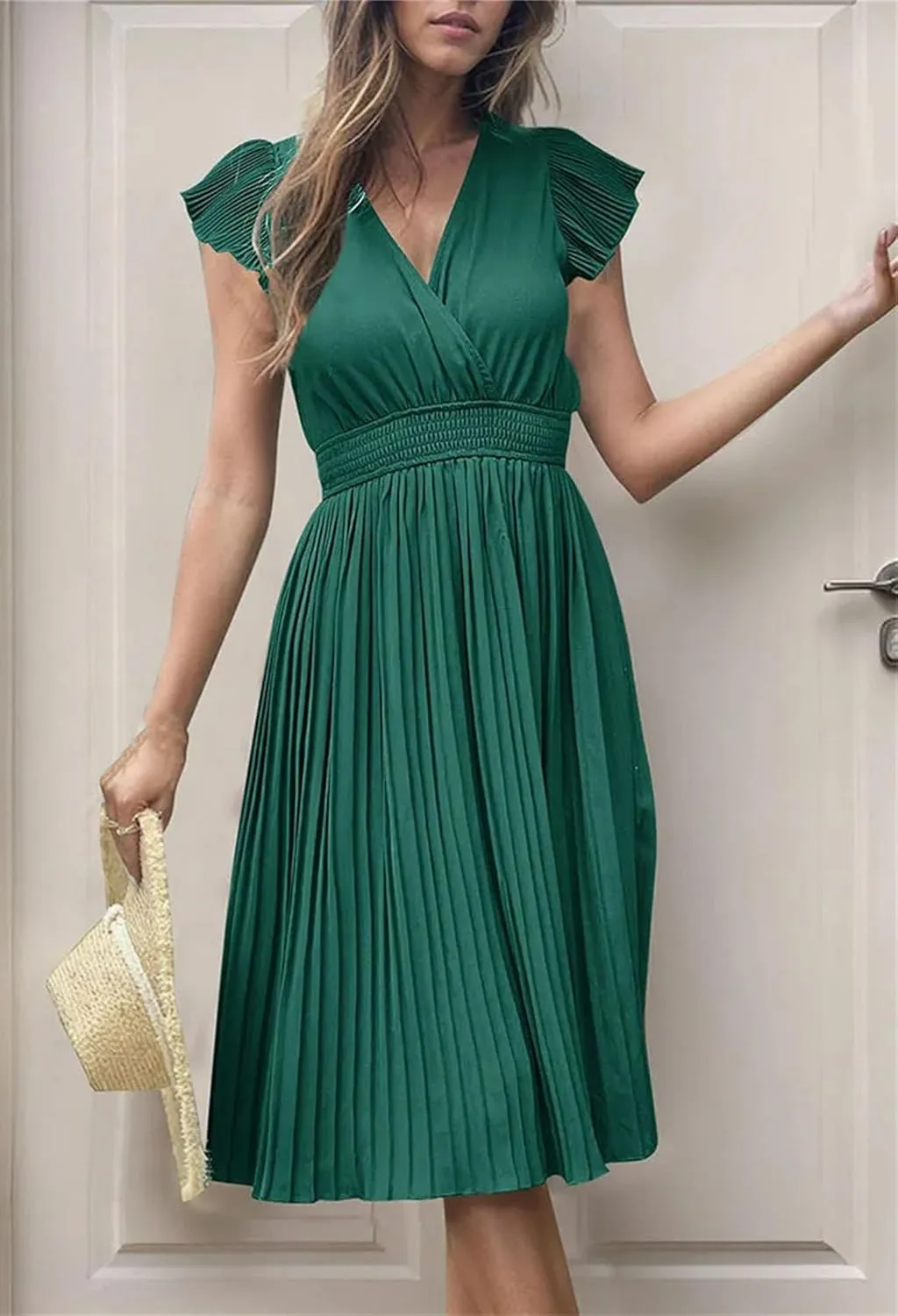 Women V-Neck Pleated Dress High-Waist Minimalist Style Long Skirt Summer Casual Skirt