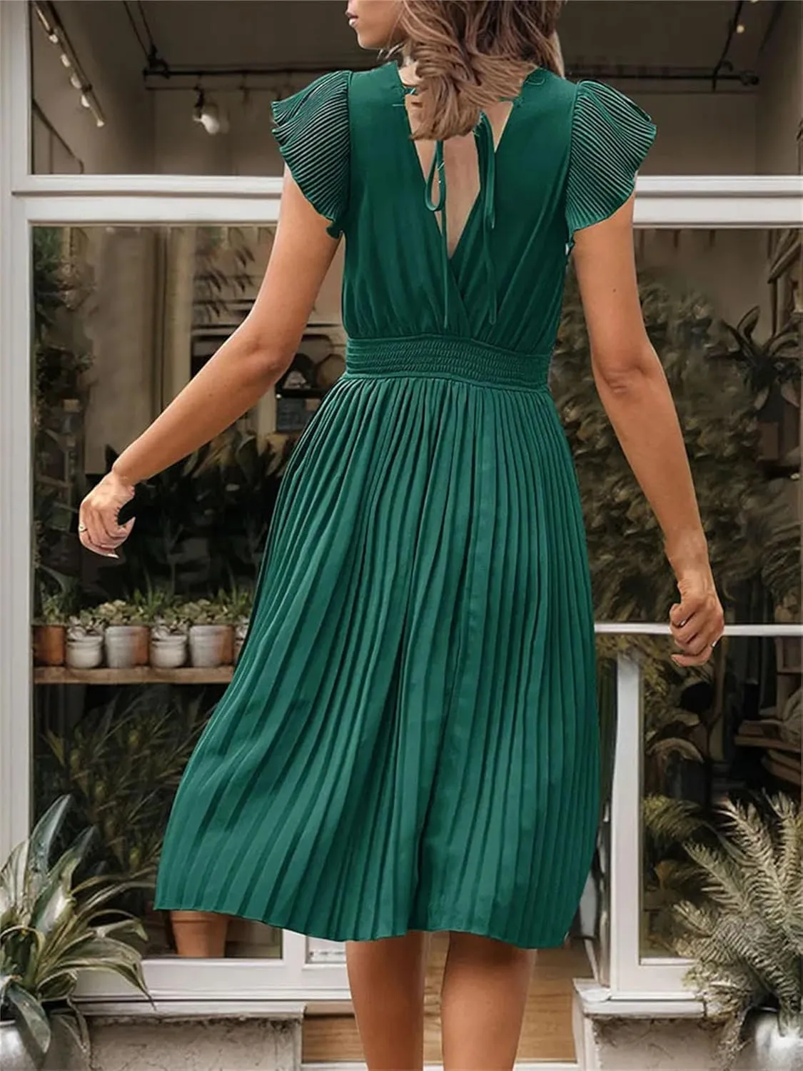 Women V-Neck Pleated Dress High-Waist Minimalist Style Long Skirt Summer Casual Skirt