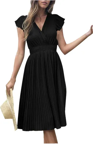 Women V-Neck Pleated Dress High-Waist Minimalist Style Long Skirt Summer Casual Skirt