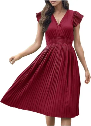 Women V-Neck Pleated Dress High-Waist Minimalist Style Long Skirt Summer Casual Skirt