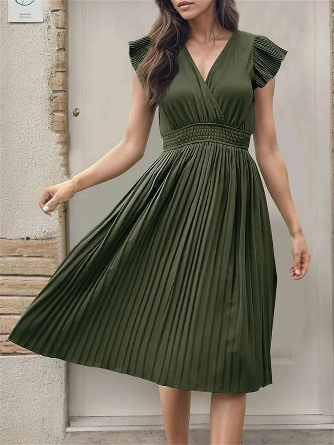 Women V-Neck Pleated Dress High-Waist Minimalist Style Long Skirt Summer Casual Skirt
