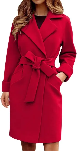Women Winter Warm Wrap Pea Coat Elegant Lapel Open Front Belted Woolen Trench Coats Casual Mid Long Cardigan Overcoat Outwear