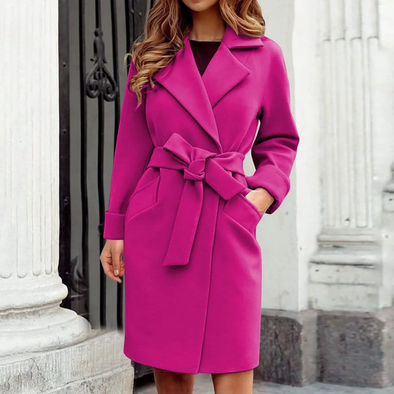 Women Winter Warm Wrap Pea Coat Elegant Lapel Open Front Belted Woolen Trench Coats Casual Mid Long Cardigan Overcoat Outwear
