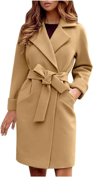 Women Winter Warm Wrap Pea Coat Elegant Lapel Open Front Belted Woolen Trench Coats Casual Mid Long Cardigan Overcoat Outwear