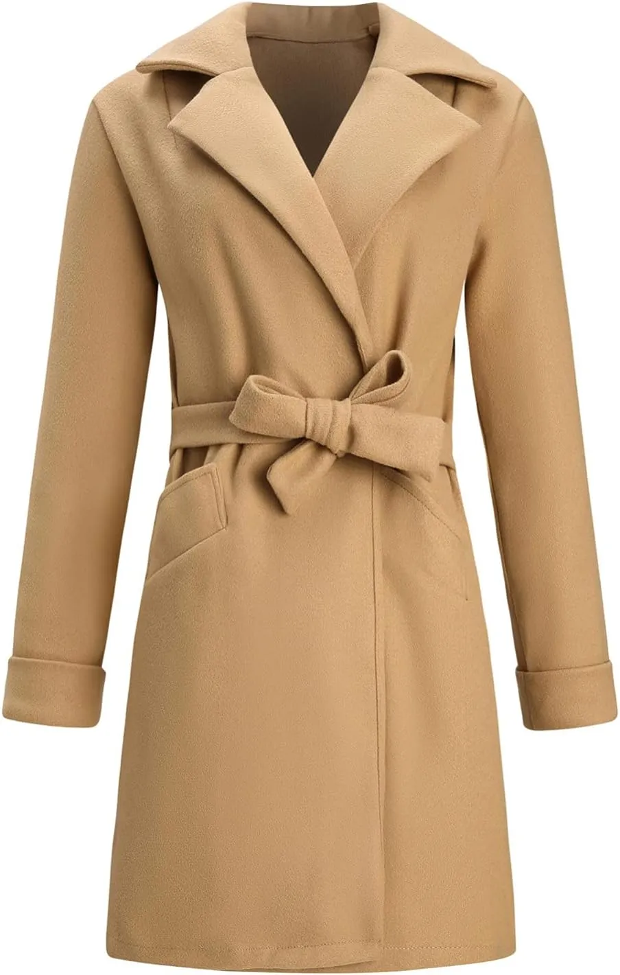 Women Winter Warm Wrap Pea Coat Elegant Lapel Open Front Belted Woolen Trench Coats Casual Mid Long Cardigan Overcoat Outwear
