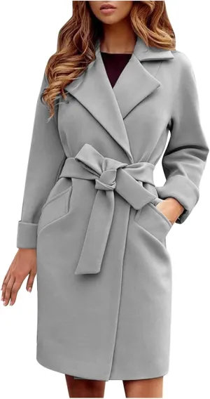 Women Winter Warm Wrap Pea Coat Elegant Lapel Open Front Belted Woolen Trench Coats Casual Mid Long Cardigan Overcoat Outwear