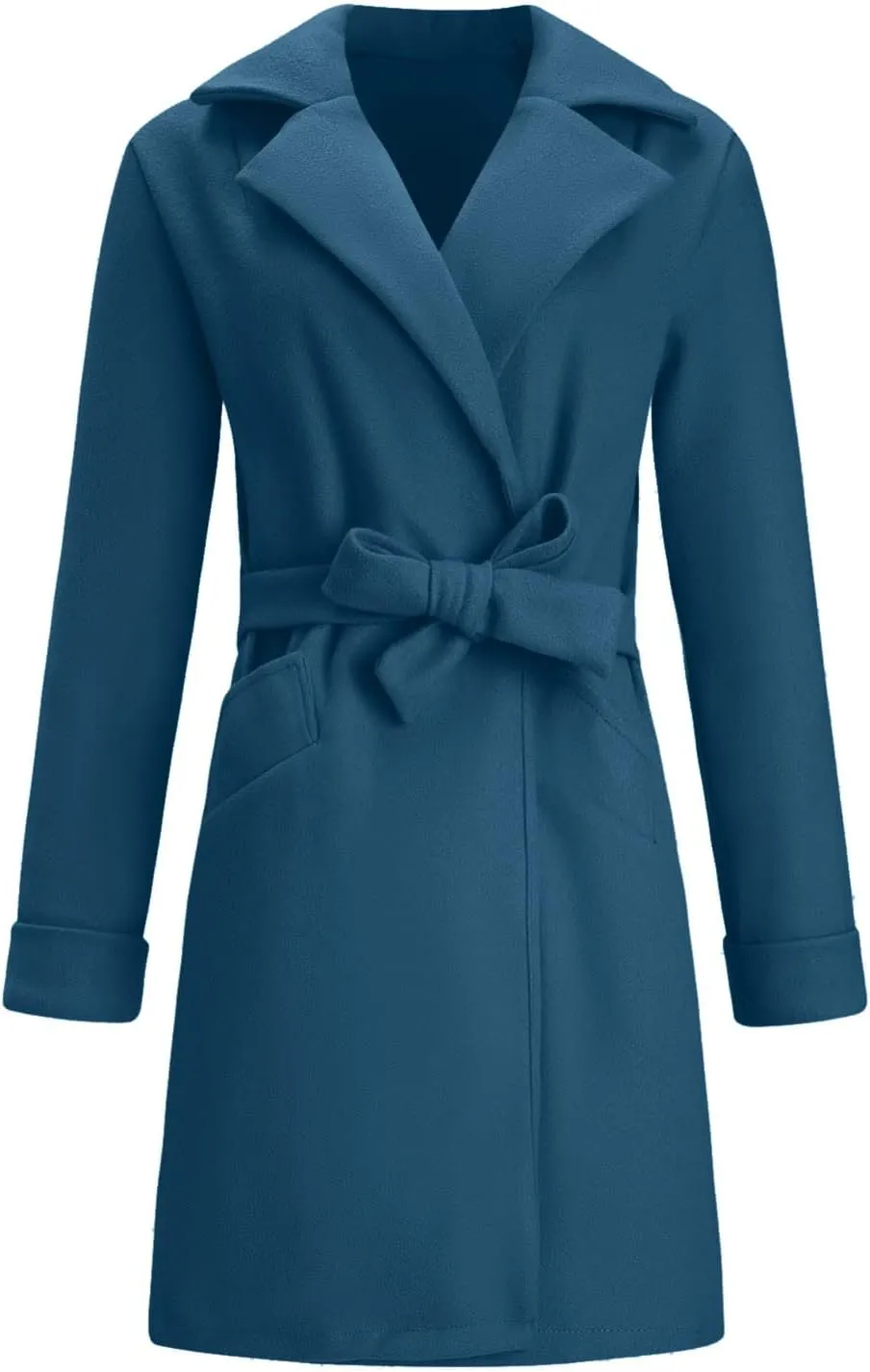 Women Winter Warm Wrap Pea Coat Elegant Lapel Open Front Belted Woolen Trench Coats Casual Mid Long Cardigan Overcoat Outwear