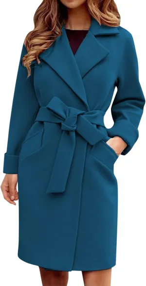 Women Winter Warm Wrap Pea Coat Elegant Lapel Open Front Belted Woolen Trench Coats Casual Mid Long Cardigan Overcoat Outwear