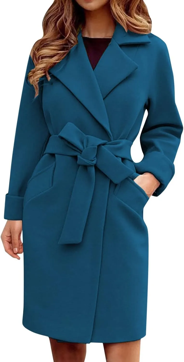 Women Winter Warm Wrap Pea Coat Elegant Lapel Open Front Belted Woolen Trench Coats Casual Mid Long Cardigan Overcoat Outwear