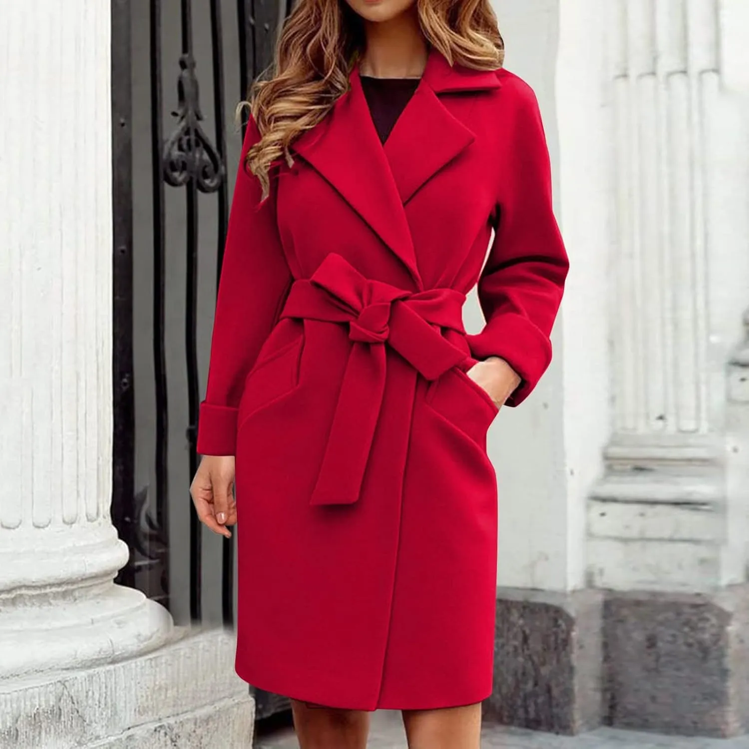Women Winter Warm Wrap Pea Coat Elegant Lapel Open Front Belted Woolen Trench Coats Casual Mid Long Cardigan Overcoat Outwear