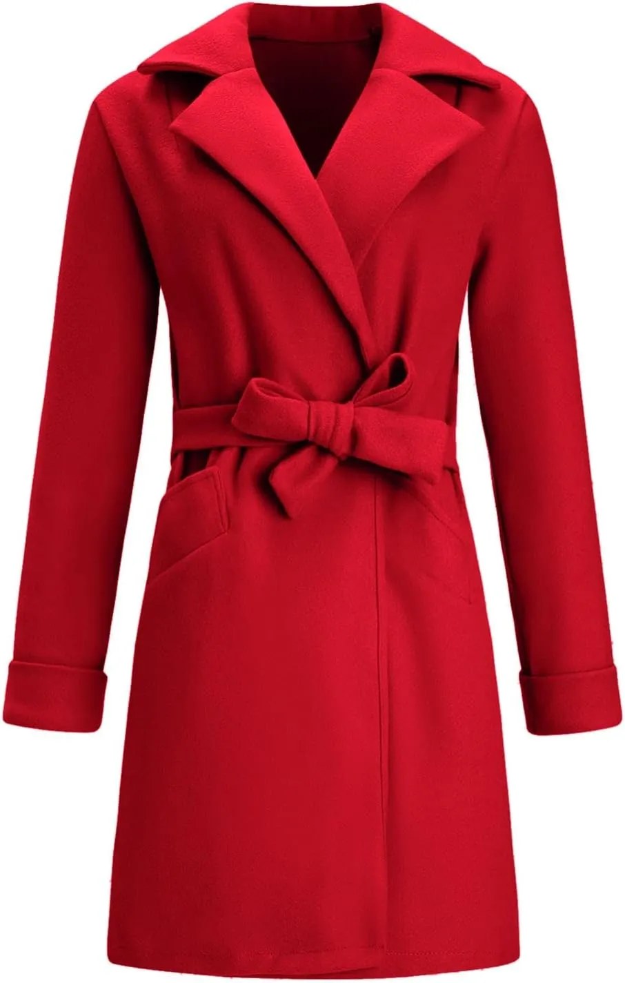 Women Winter Warm Wrap Pea Coat Elegant Lapel Open Front Belted Woolen Trench Coats Casual Mid Long Cardigan Overcoat Outwear