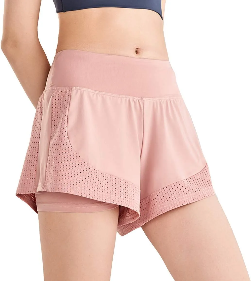 Women Workout Running Shorts,Active Yoga Gym Sport Shorts with Liner 2 in 1