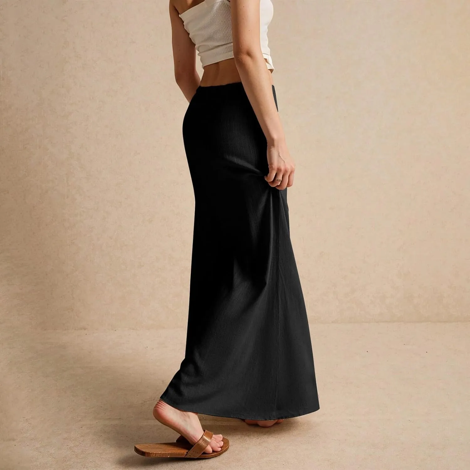 Women's Boho Skirts Summer Casual Loose Trendy Drawstring Solid Color Long Maxi Beach Sun Skirt, S-2XL