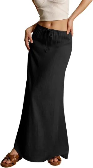 Women's Boho Skirts Summer Casual Loose Trendy Drawstring Solid Color Long Maxi Beach Sun Skirt, S-2XL