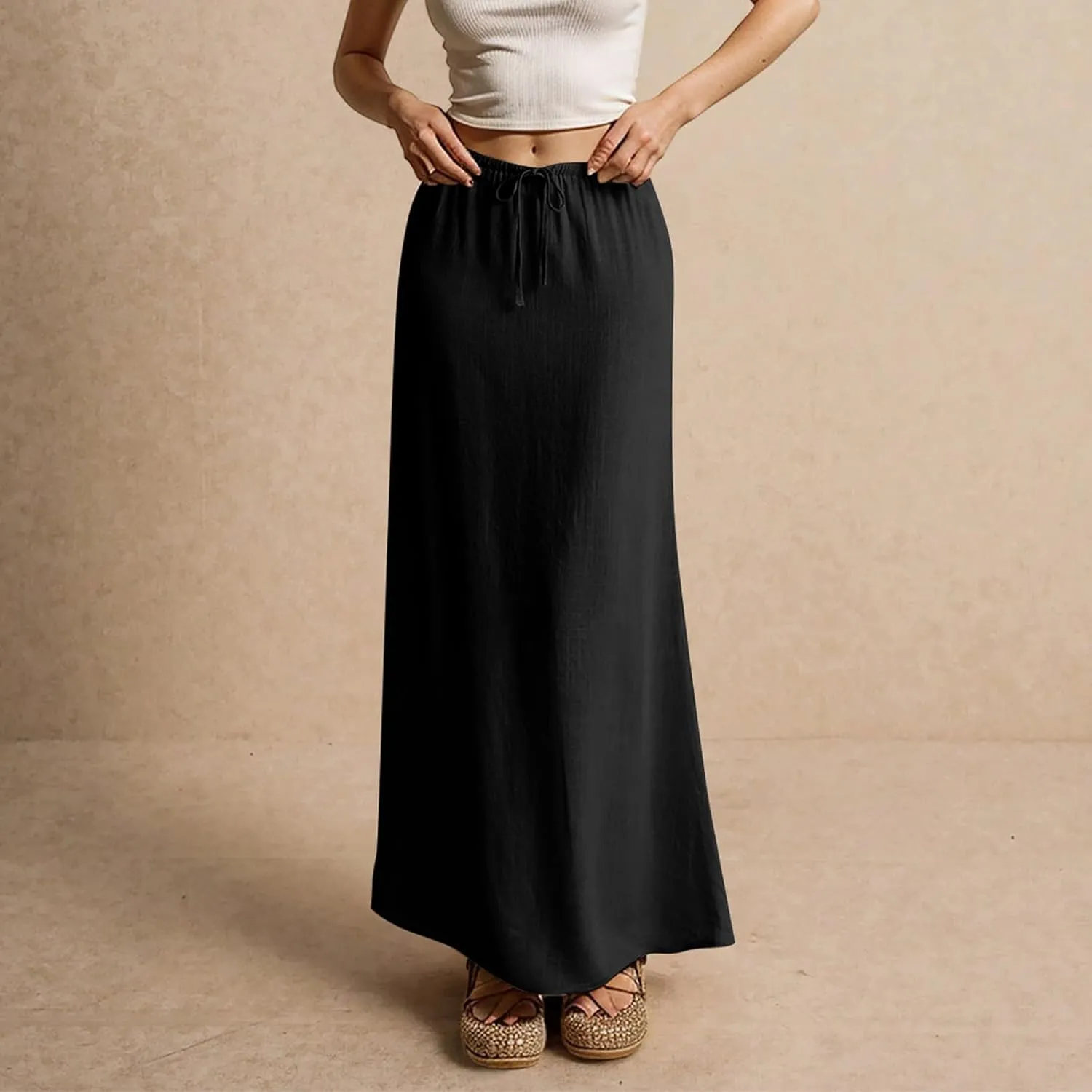 Women's Boho Skirts Summer Casual Loose Trendy Drawstring Solid Color Long Maxi Beach Sun Skirt, S-2XL