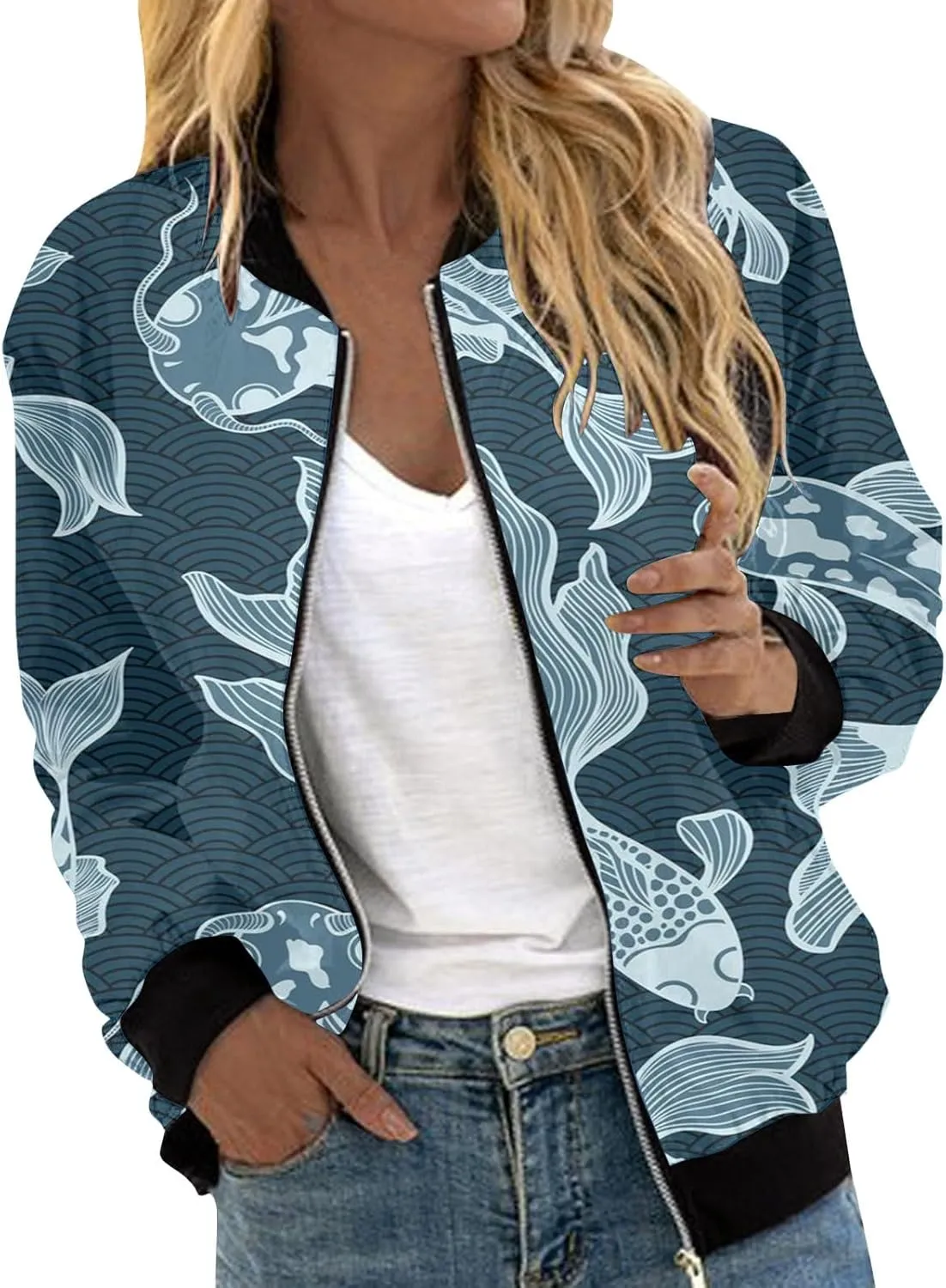 Women's Bomber Jacket Coat Stand Collar Printed Coat Stand Collar Cropped Coat Top Outerwear Windbreaker with Pockets