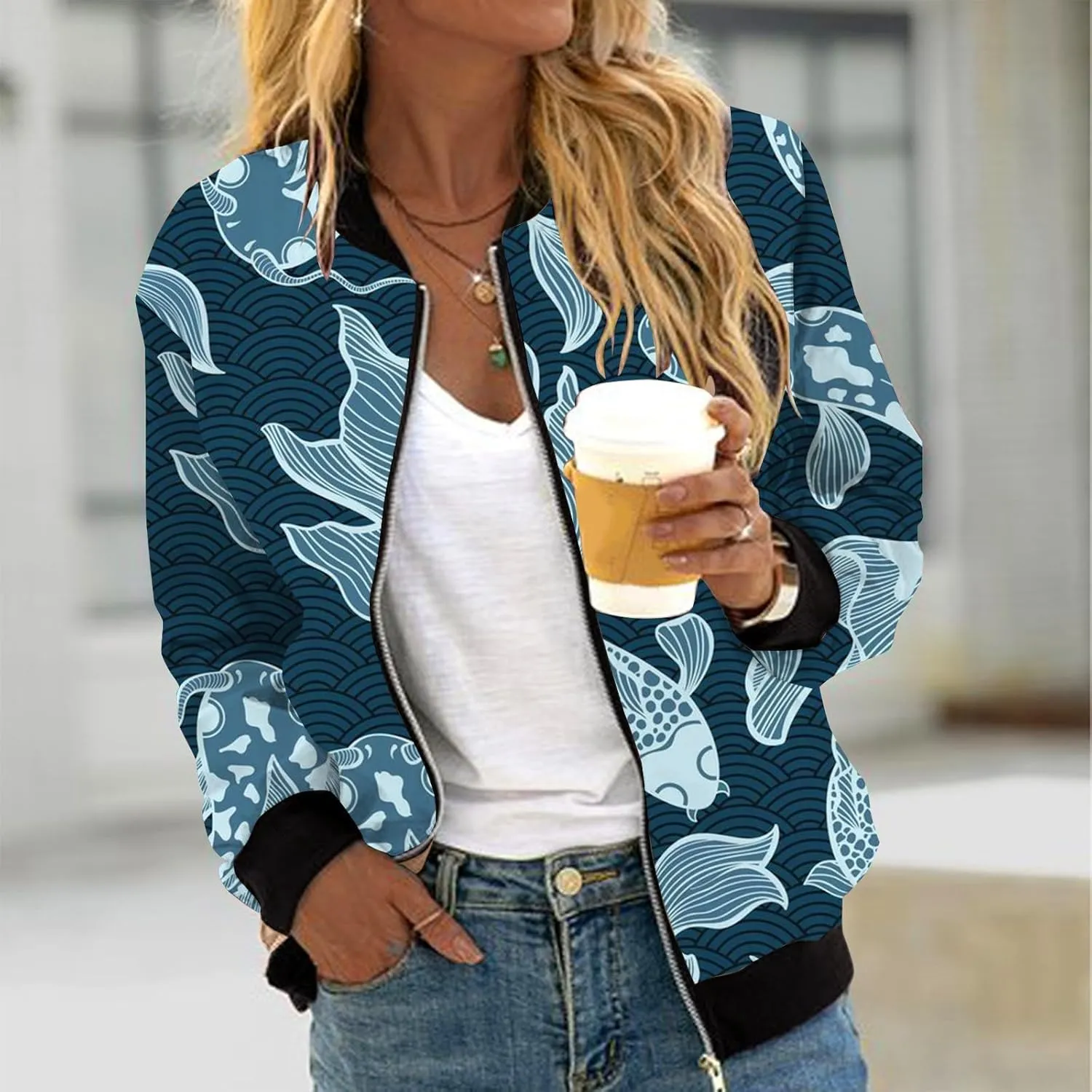 Women's Bomber Jacket Coat Stand Collar Printed Coat Stand Collar Cropped Coat Top Outerwear Windbreaker with Pockets