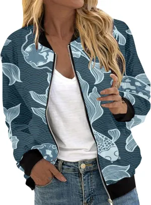 Women's Bomber Jacket Coat Stand Collar Printed Coat Stand Collar Cropped Coat Top Outerwear Windbreaker with Pockets
