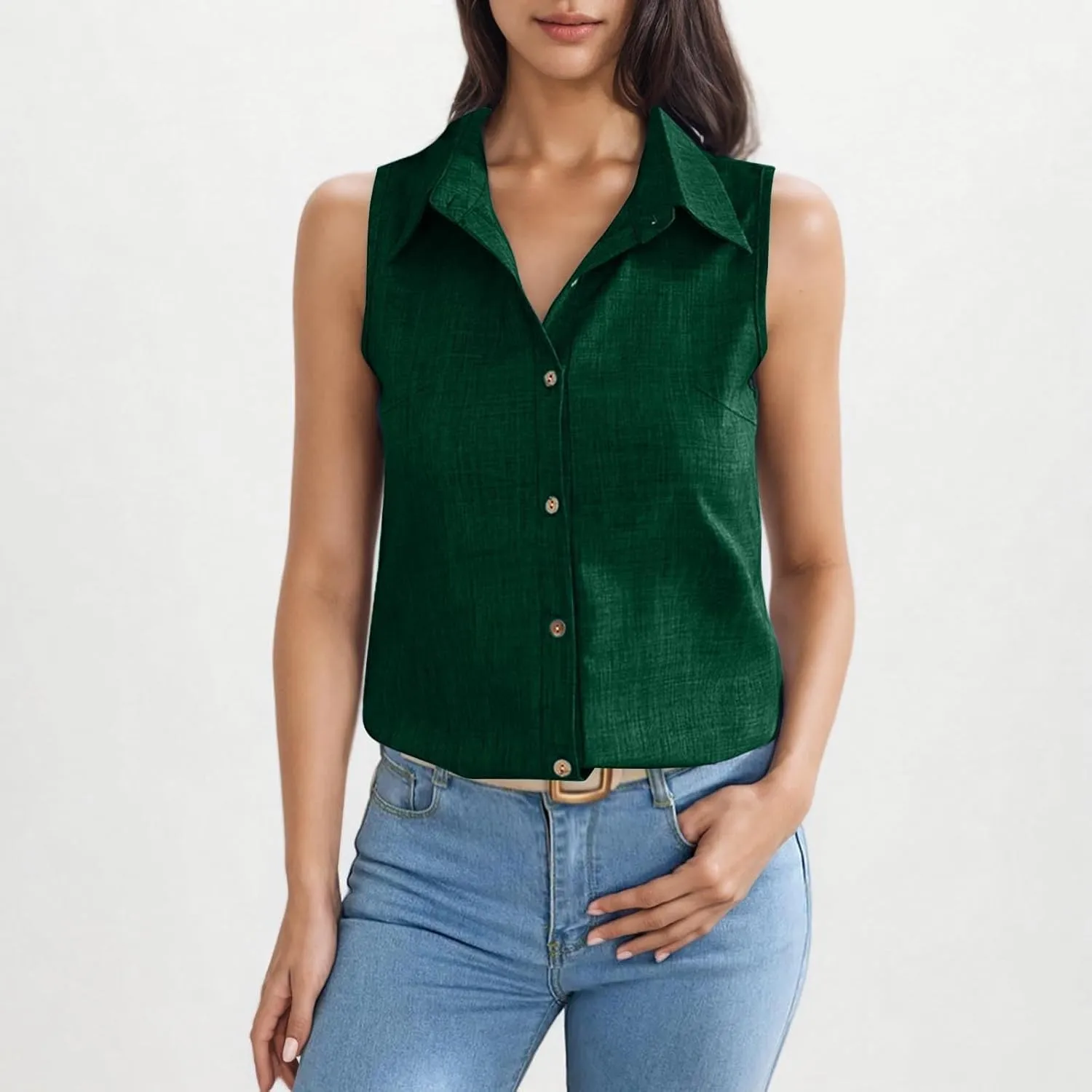 Women's Button-Front Sleeveless Blouse - Lightweight Linen Summer Top, Relaxed Fit & Breathable Design