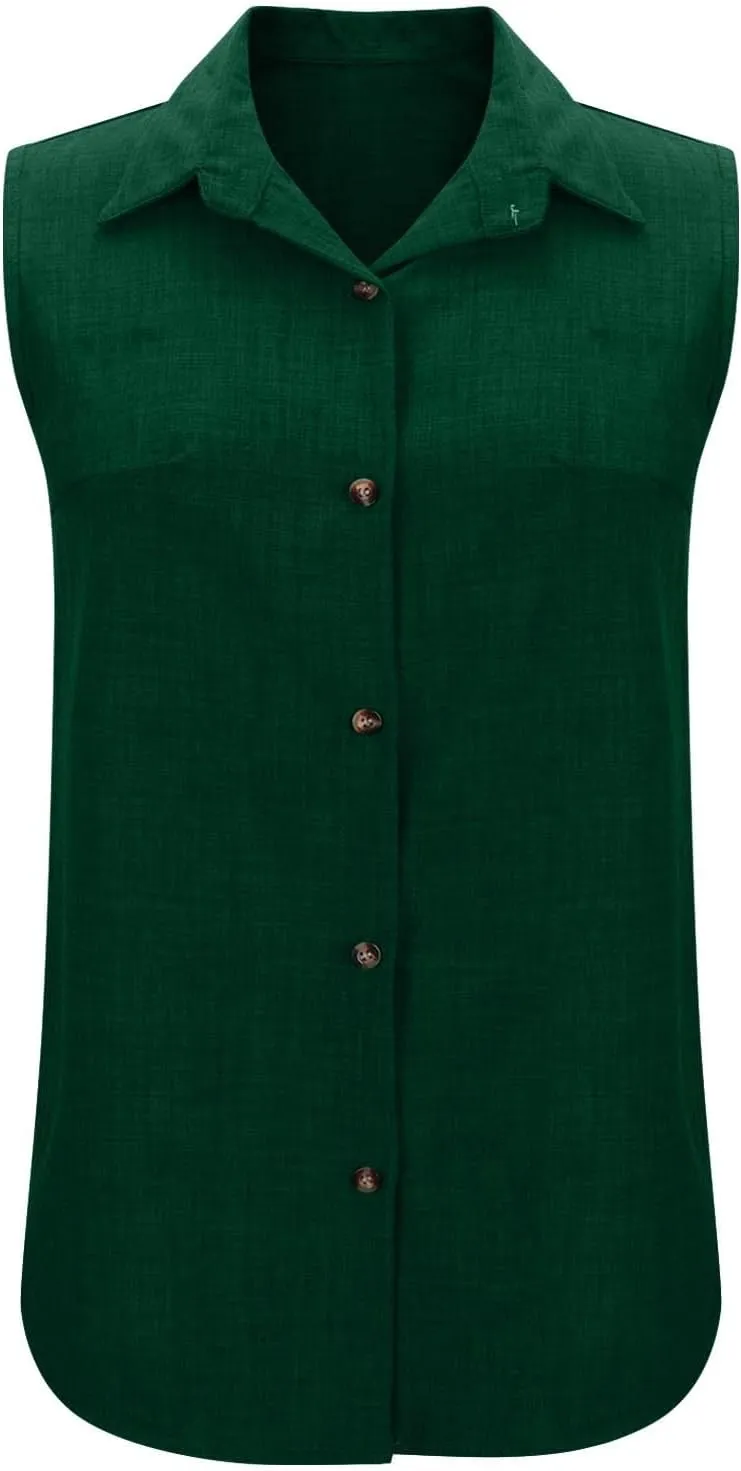 Women's Button-Front Sleeveless Blouse - Lightweight Linen Summer Top, Relaxed Fit & Breathable Design