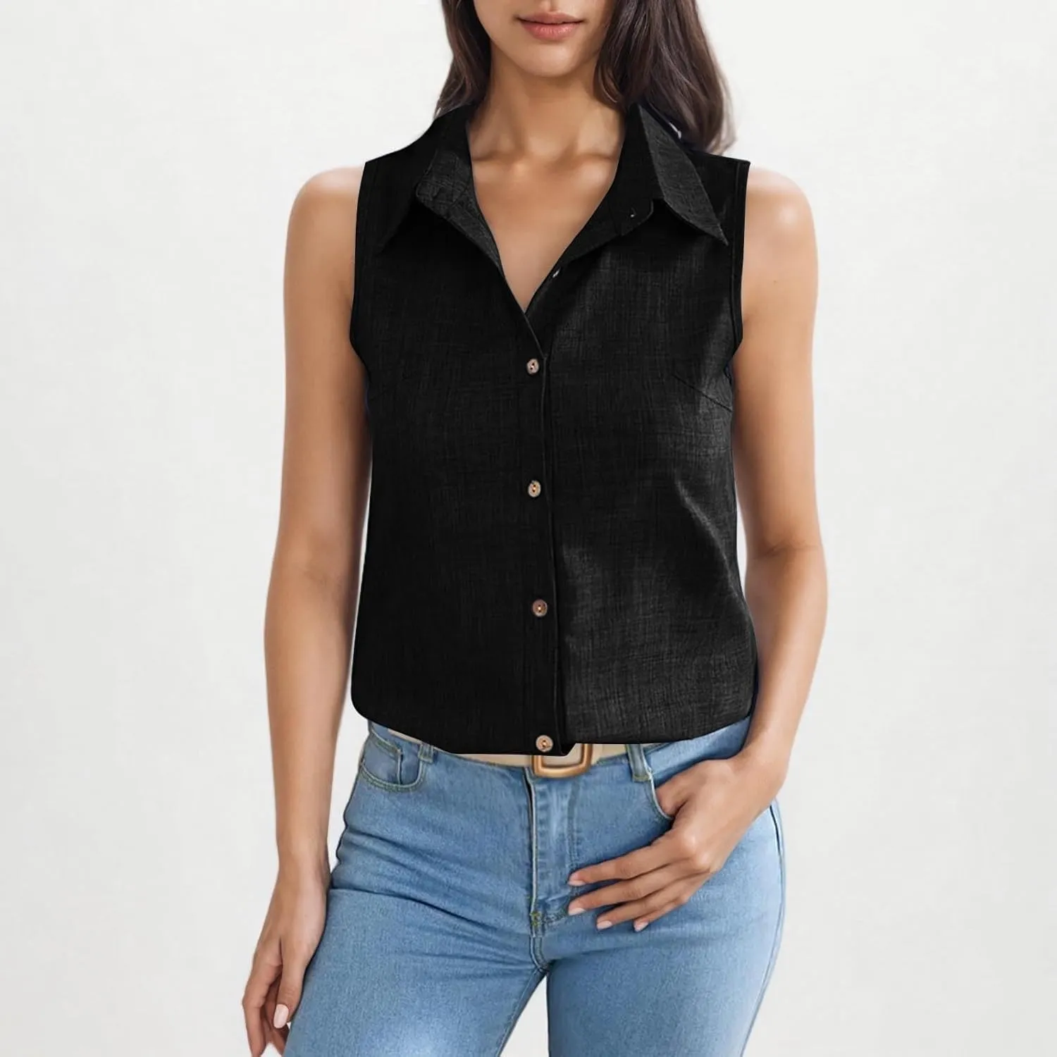 Women's Button-Front Sleeveless Blouse - Lightweight Linen Summer Top, Relaxed Fit & Breathable Design