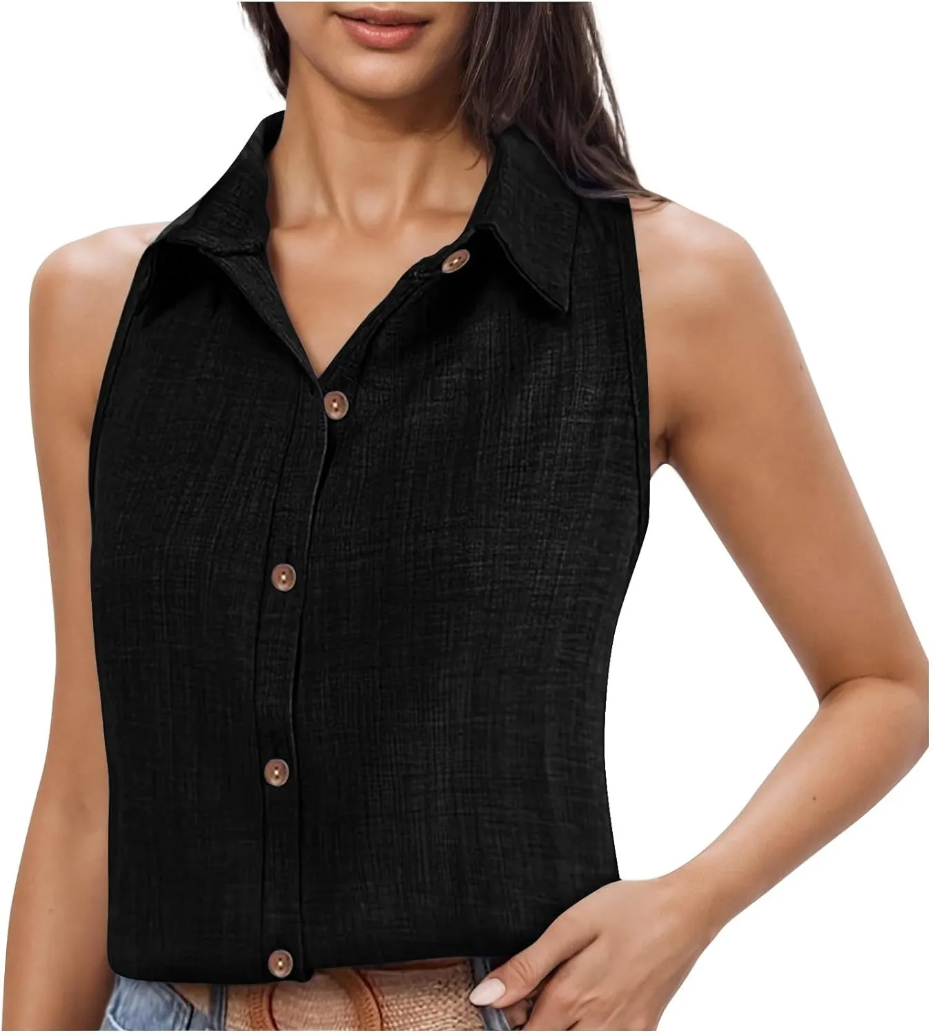 Women's Button-Front Sleeveless Blouse - Lightweight Linen Summer Top, Relaxed Fit & Breathable Design