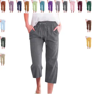 Women's Capri Pants Cotton Linen Casual Summer Cropped Trousers with Pockets, Drawstring Elastic Waist
