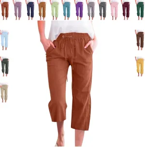 Women's Capri Pants Cotton Linen Casual Summer Cropped Trousers with Pockets, Drawstring Elastic Waist